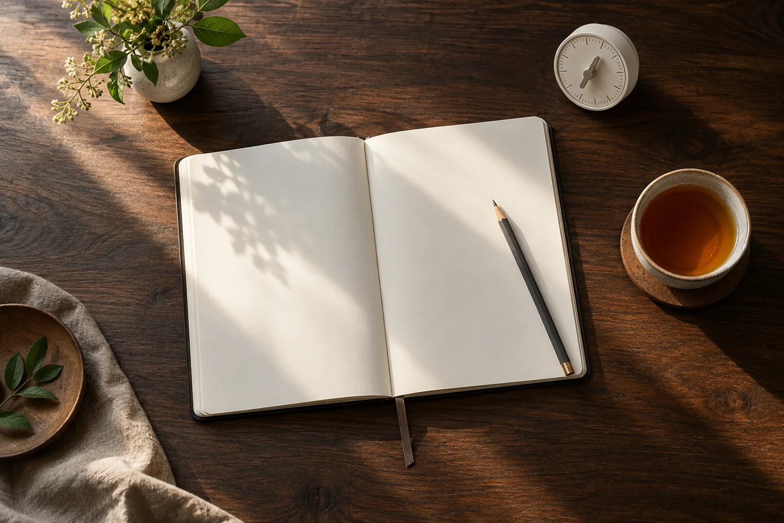 Blank brewing notebook with a cup of tea and timer — AI-generated illustration