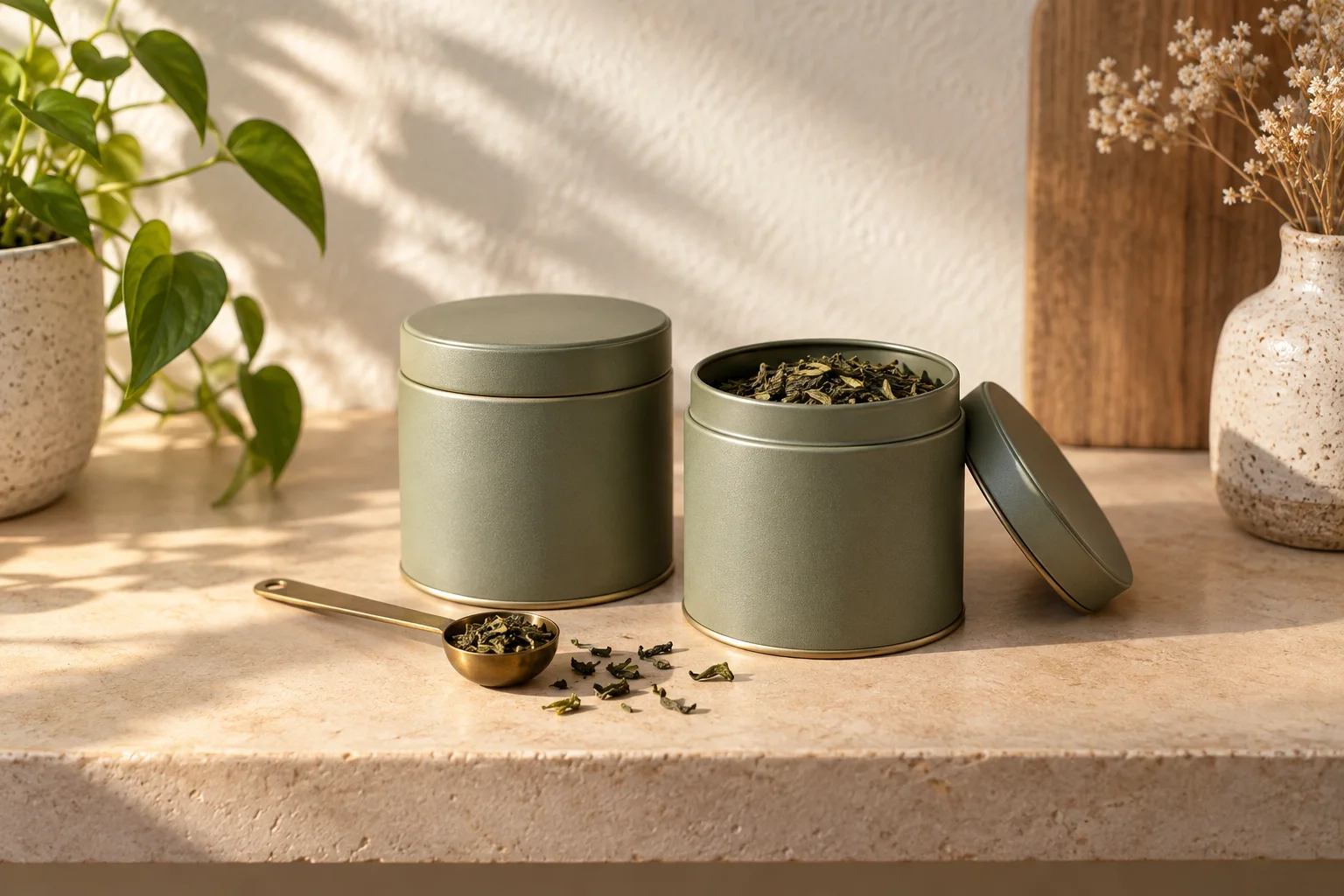 Opaque tea storage tins with loose tea leaves — AI-generated illustration