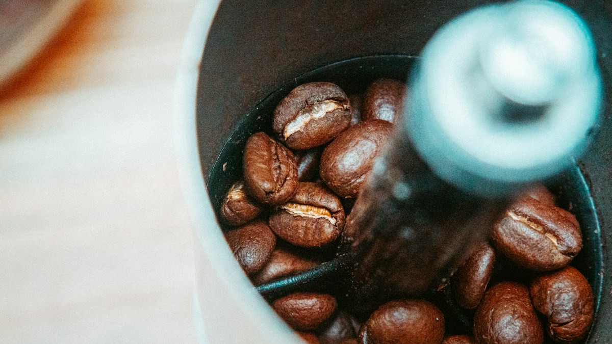 Coffee beans in a grinder