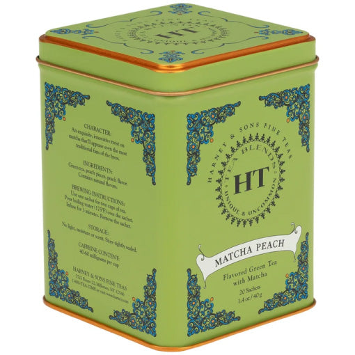 Harney and Sons Matcha Peach tin labeled flavored green tea with matcha