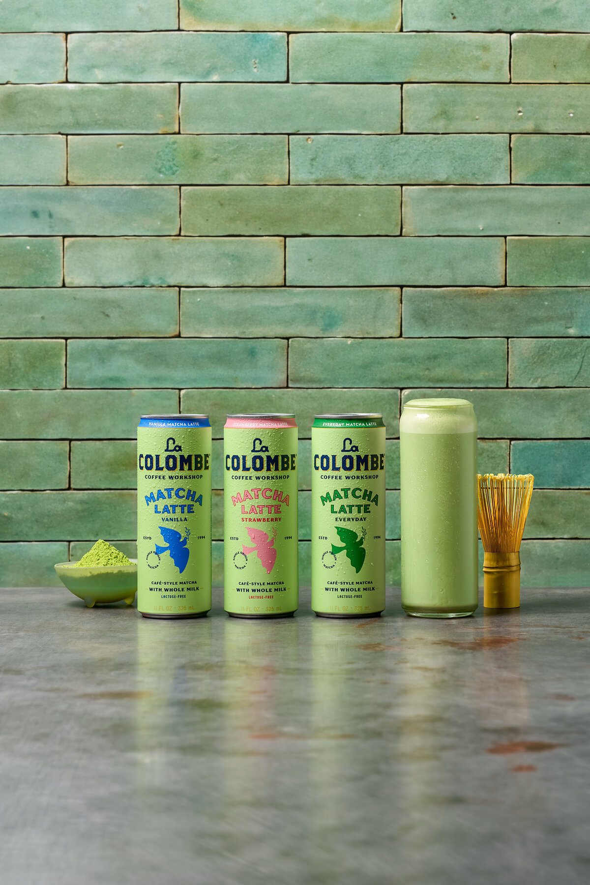 La Colombe Vanilla, Strawberry and Everyday Matcha Latte cans in the brand launch photograph